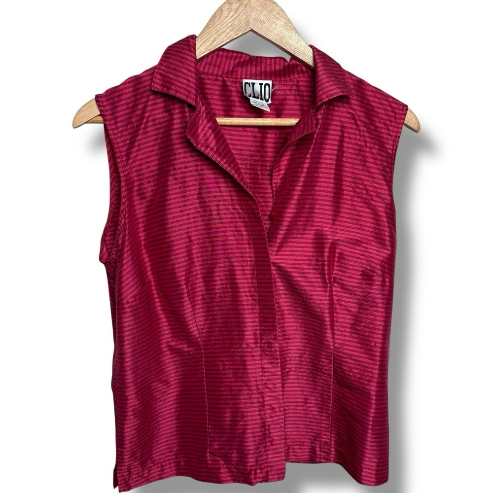 Vintage CLIO Silk Plaid Collared Sleeveless Blouse‎ Women's Size 10 Artsy Career - Picture 15 of 16